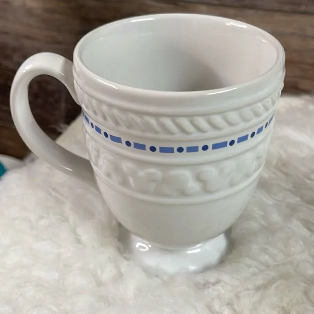 GOURMET DISNEY 10 oz Pedestal Mug 8” Saucer Blue Embossed Mickey Set Retired